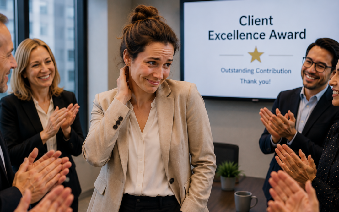 Colleagues applaud a professional woman receiving a Client Excellence Award while she smiles awkwardly and looks embarrassed by the recognition.