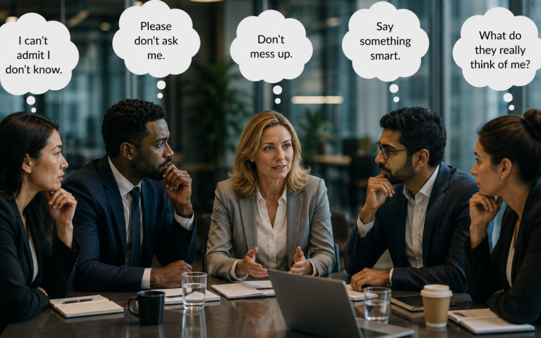 Five professionals sitting around a meeting table, each with a thought bubble revealing hidden self-doubt despite appearing confident to everyone else.