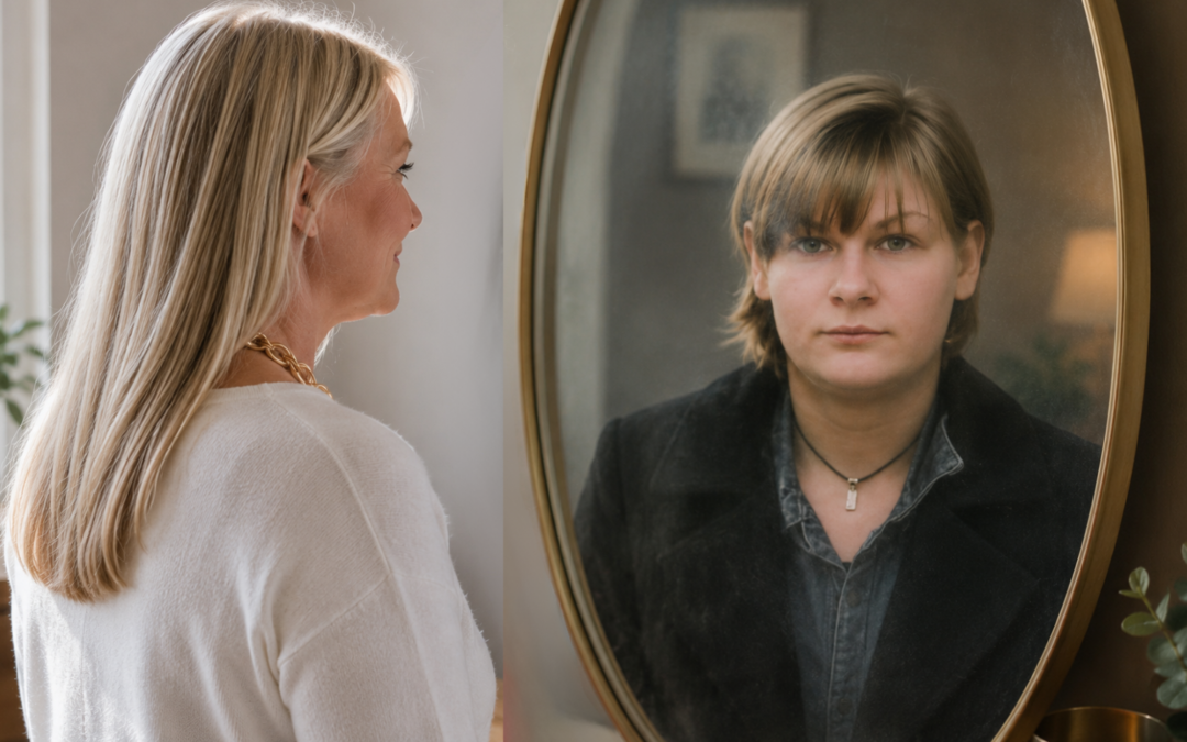 A woman looking at her younger reflection in a mirror, representing hidden patterns that shape confidence and behaviour at work.