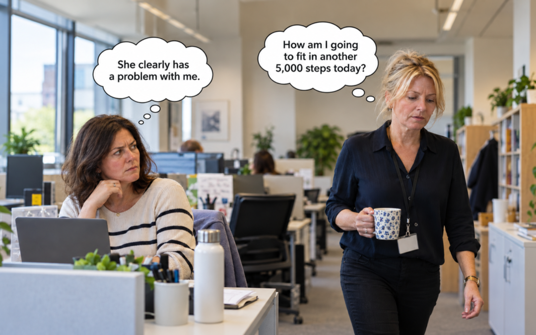 Two colleagues in an office. One thinks, “She clearly has a problem with me,” while the other thinks, “How am I going to fit in another 5,000 steps today?"