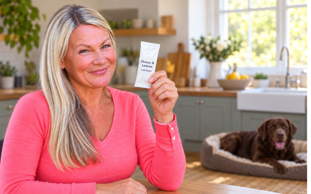 Jo Blakeley holding a white honey and lemon cold-relief sachet, with a chocolate Labrador resting in a dog bed behind her.