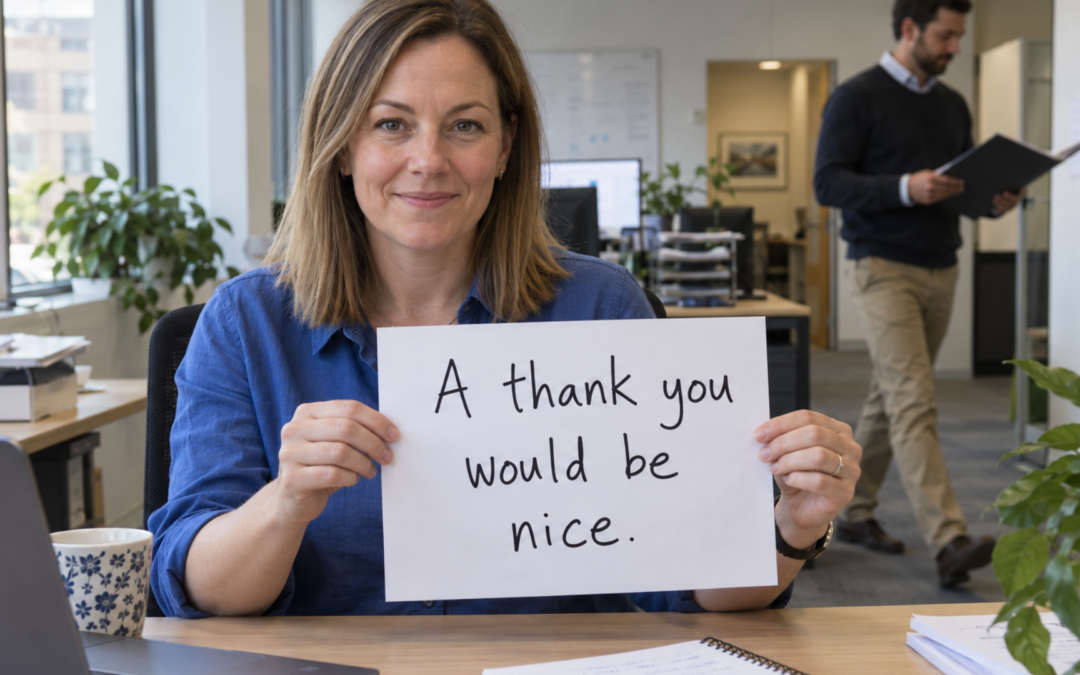 Woman at an office desk holding a sign reading “A thank you would be nice”, while a colleague looks at a folder behind her.